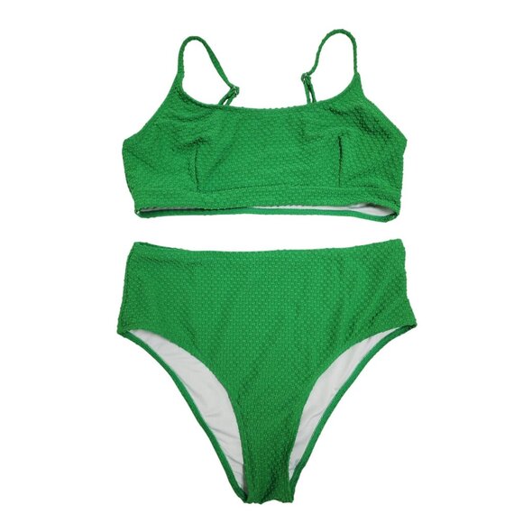None Other - Green Womens Textured High Waist Bikini Set Swimsuit Size L